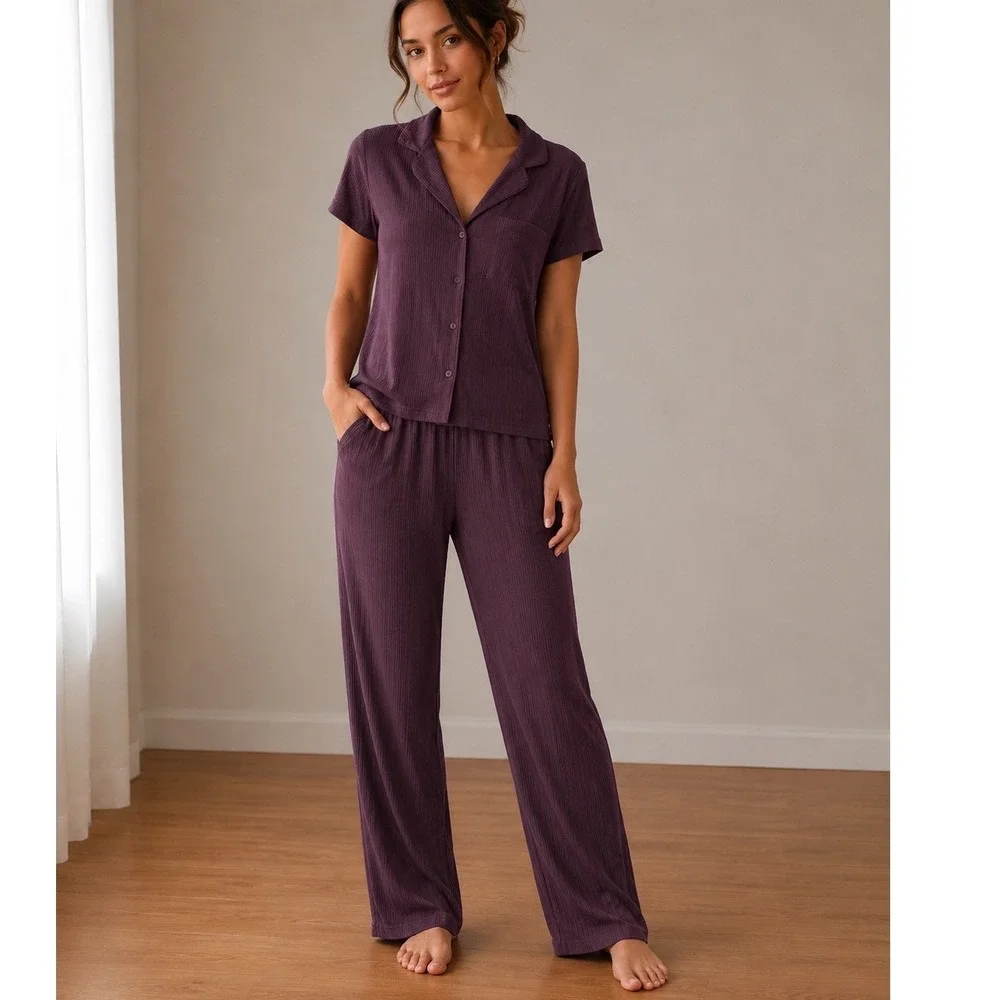 Tommy John Womens Plum‎ Ribbed Pajama Set Short Sleeve Button Top Pants Small